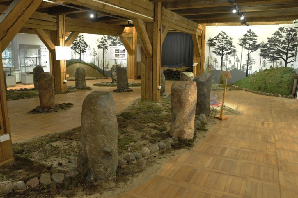 Widok przestrzeni wystawowej z szeregiem kamiennych stel ustawionych wśród fragmentów zieleni i kamieni; kompozycja przypomina zaaranżowany fragment dawnego krajobrazu archeologicznego; w tle widoczna jest duża scenografia przedstawiająca leśny pejzaż z sylwetkami drzew oraz ekspozycyjne gabloty (kliknięcie powiększy zdjęcie).