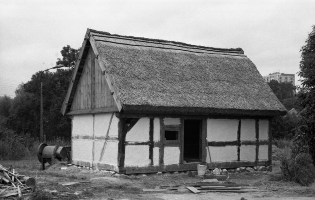 Budynek gospodarczy o konstrukcji szkieletowej z ukończonym dachem ze strzechy, widok obiektu w trakcie realizacji budowy (kliknięcie powiększy zdjęcie)