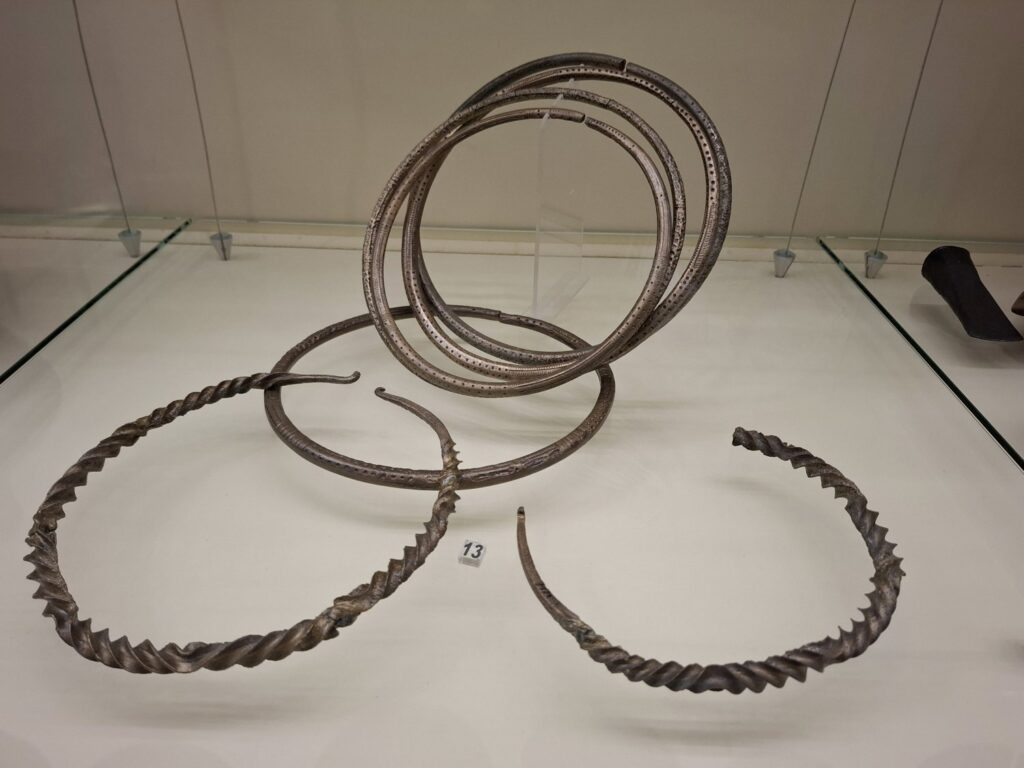 Metalowe ozdoby i elementy biżuterii z okresu pradziejowego wyeksponowane w przeszklonej gablocie muzealnej (kliknięcie powiększy zdjęcie)