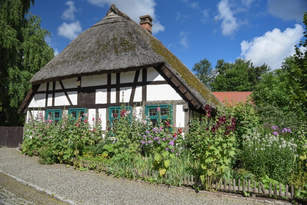 Chałupa rybacka z Dąbek – budynek o konstrukcji szkieletowej z bielonymi ścianami i dachem krytym strzechą, otoczony ogrodem kwiatowym (kliknięcie powiększy zdjęcie).
