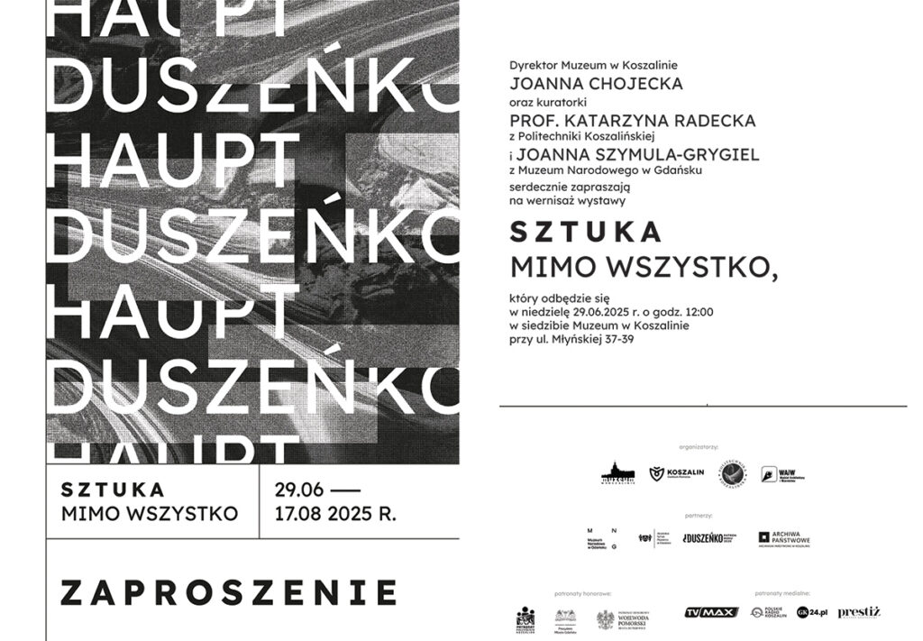 Czarno-biała grafika z zaproszeniem na wystawę "Sztuka mimo wszystko".