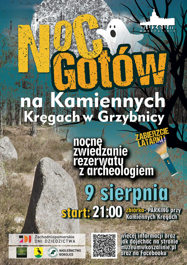 Grafika z plakatem promującym Noc Gotów na Kamiennych Kręgach w Grzybnicy.