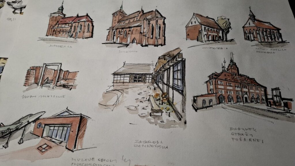 Szkice rysunków obiektów architektonicznych do mapy "Wędrownik koszaliński" (kliknięcie spowoduje powiększenie zdjęcia).