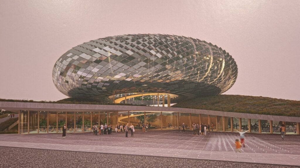 Wizualizacja jednej z prac konkursowych Ekofuturium. Elewacja nawiązująca do skóry jaszczurki.