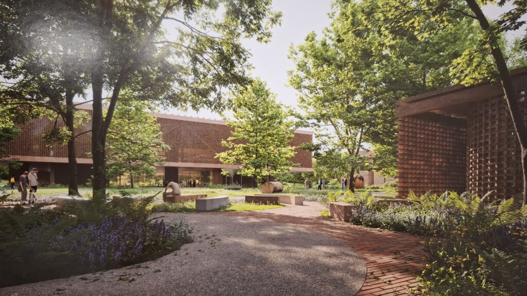 Wizualizacja projektu Ekofuturium. Zabudowania wśród drzew i siedzący na ławkach ludzie.