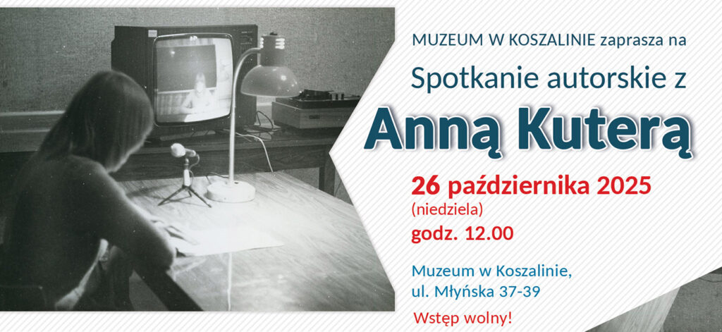 Grafika promujący spotkanie z Anną Kuterą. Po lewej stronie kobieta siedząca przy mikrofonie, w tle telewizor. Po prawej - informacje tekstowe o spotkaniu.
