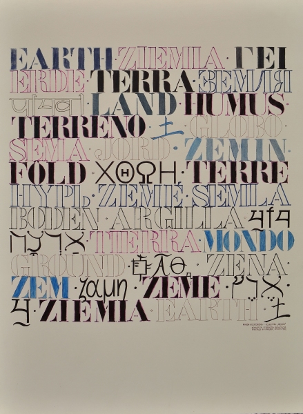 Plakat typograficzny z wielojęzycznymi napisami oznaczającymi „ziemię”, ułożonymi w różnorodnych krojach pisma i kolorach.