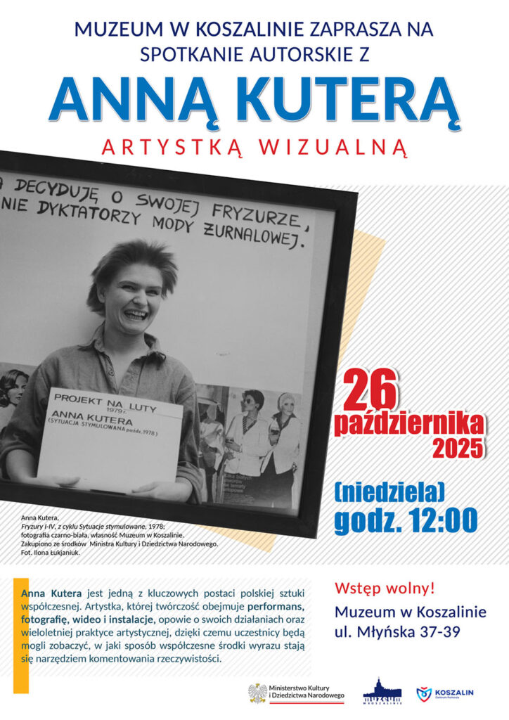 Plakat promujący spotkanie z Anną Kuterą. Na górze tytuł spotkania, po lewej zdjęcie Anny oprawione w ramkę.