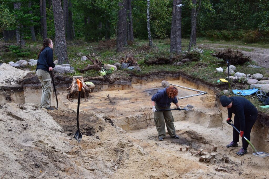 Trzy osoby pracują w wykopie i odsłaniają warstwy ziemi. W tle drzewa (kliknięcie spowoduje powiększenie fotografii).