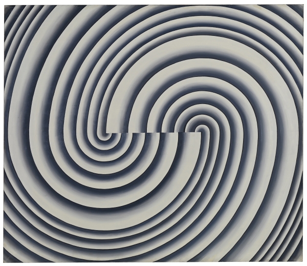 Geometryczna kompozycja z rytmicznymi, spiralnymi liniami w odcieniach szarości (kliknięcie powiększy zdjęcie).