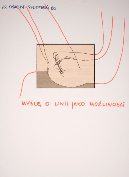 Grafika z cyklu „Osieki, sierpień 80” przedstawiająca szkic kobiecego łona w prostokątnej ramce; pod obrazkiem znajduje się napis: „MYŚLĘ O LINII JAKO MOŻLIWOŚCI” (kliknięcie powiększy zdjęcie).