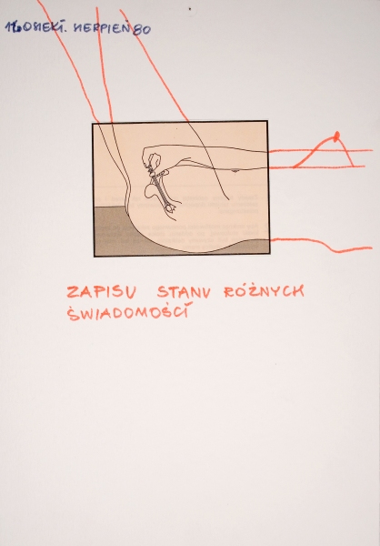 Grafika z cyklu „Osieki, sierpień 80” przedstawiająca szkic kobiecego łona w prostokątnej ramce; pod obrazkiem znajduje się napis: „ZAPISU STANU RÓŻNYCH ŚWIADOMOŚCI” (kliknięcie powiększy zdjęcie).