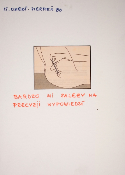 Grafika z cyklu „Osieki, sierpień 80” przedstawiająca szkic kobiecego łona w prostokątnej ramce; pod obrazkiem znajduje się napis: „BARDZO MI ZALEŻY NA PRECYZJI WYPOWIEDZI” (kliknięcie powiększy zdjęcie).