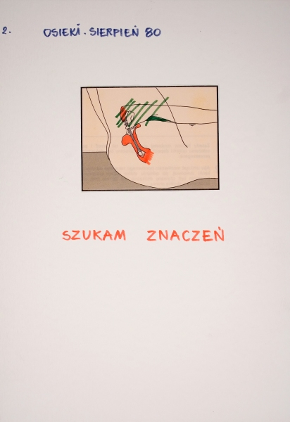 Grafika z cyklu „Osieki, sierpień 80” przedstawiająca szkic kobiecego łona w prostokątnej ramce; pod obrazkiem znajduje się napis: „SZUKAM ZNACZEŃ” (kliknięcie powiększy zdjęcie).