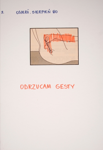 Grafika z cyklu „Osieki, sierpień 80” przedstawiająca szkic kobiecego łona w prostokątnej ramce; pod obrazkiem znajduje się napis: „ODRZUCAM GESTY” (kliknięcie powiększy zdjęcie).