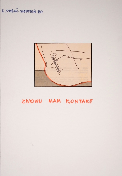 Grafika z cyklu „Osieki, sierpień 80” przedstawiająca szkic kobiecego łona w prostokątnej ramce; pod obrazkiem znajduje się napis: „ZNOWU MAM KONTAKT” (kliknięcie powiększy zdjęcie).
