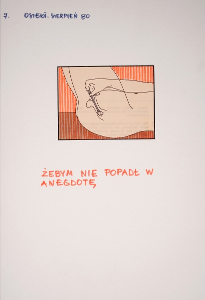 Grafika z cyklu „Osieki, sierpień 80” przedstawiająca szkic kobiecego łona w prostokątnej ramce; pod obrazkiem znajduje się napis: „ŻEBYM NIE POPADŁ W ANEGDOTĘ” (kliknięcie powiększy zdjęcie).