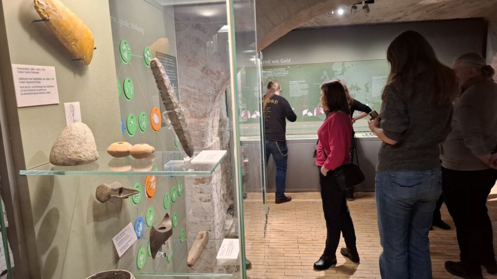 Grupa zwiedzających stojąca przy szklanej gablocie z eksponatami archeologicznymi w sali muzealnej (kliknięcie powiększy zdjęcie)