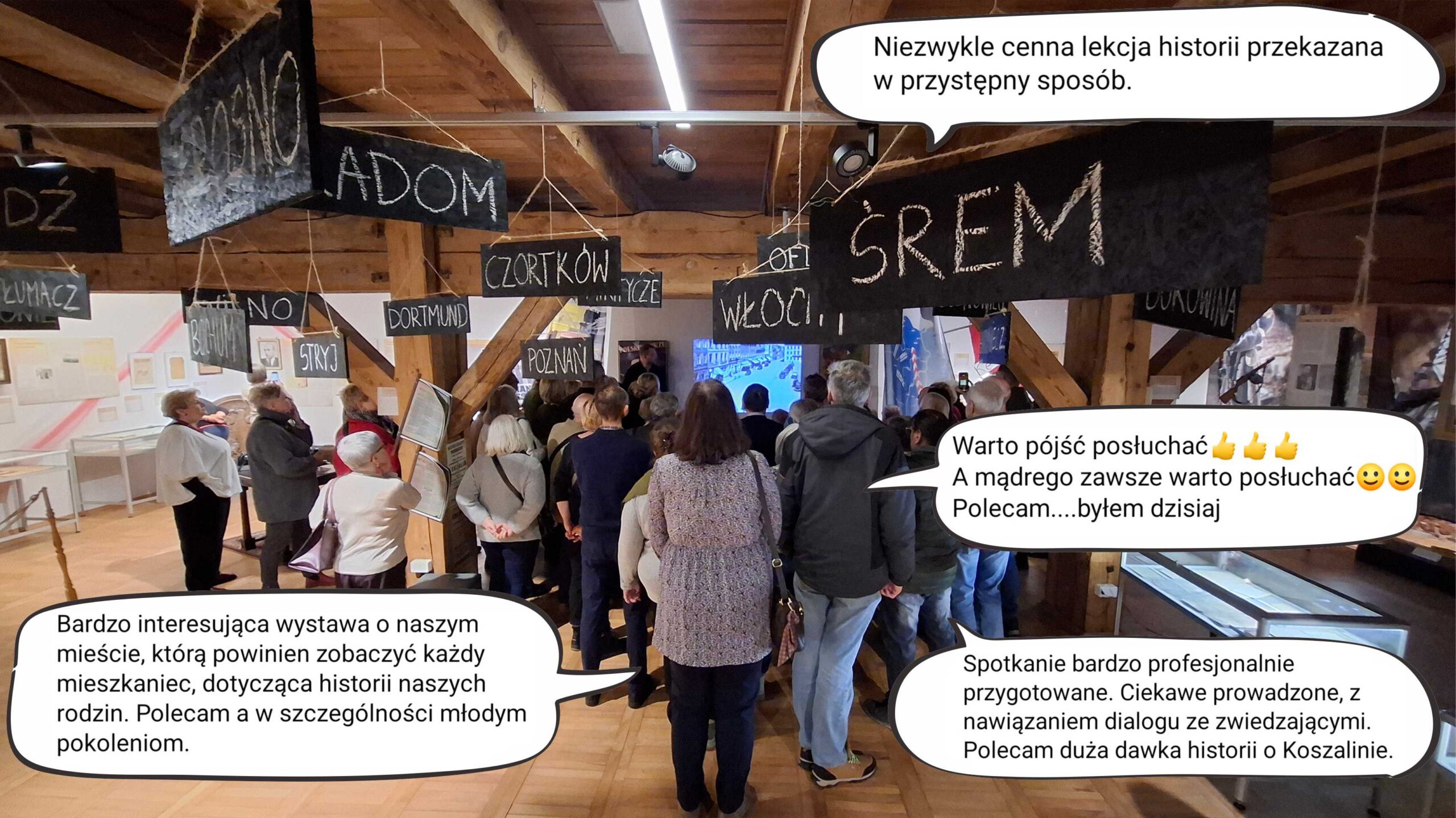 Ludzie zwiedzający wystawę w stali, nad nimi wiszące szyldy z nazwami miejscowości, na grafice cztery dymki z pozytywnymi opiniami o wystawie.