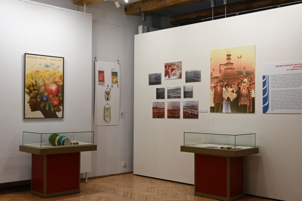 Fragment wystawy z archiwalnymi fotografiami, planszami informacyjnymi oraz eksponatami prezentowanymi w gablotach (kliknięcie powiększy zdjęcie).