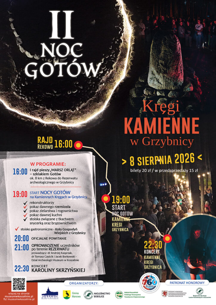 Plakat wydarzenia: II Noc Gotów w kamiennych kręgach w Grzybnicy. Na plakacie zdjęcia kręgów i uczestników zeszłorocznego wydarzenia; po lewej szczegółowy program wydarzenia.
