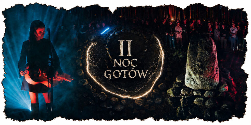 Grafika promująca II Noc Gotów w Grzybnicy – po lewej stronie stoi kobieta grająca na instrumencie strunowym, pośrodku napis „II Noc Gotów” otoczony świetlnym kręgiem z kamieni, a po prawej rekonstrukcja kamiennego kręgu z uczestnikami wydarzenia w tle nocnego lasu.
