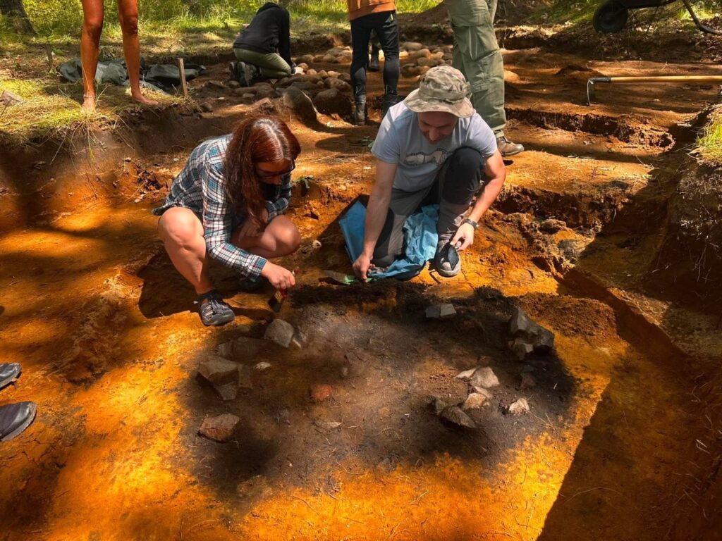 Dwie osoby klęczą w wykopie archeologicznym i oczyszczają odsłonięte elementy kamienne przy użyciu niewielkich narzędzi. W tle trwają dalsze prace wykopaliskowe prowadzone przez pozostałych członków zespołu (kliknięcie powiększy zdjęcie).
