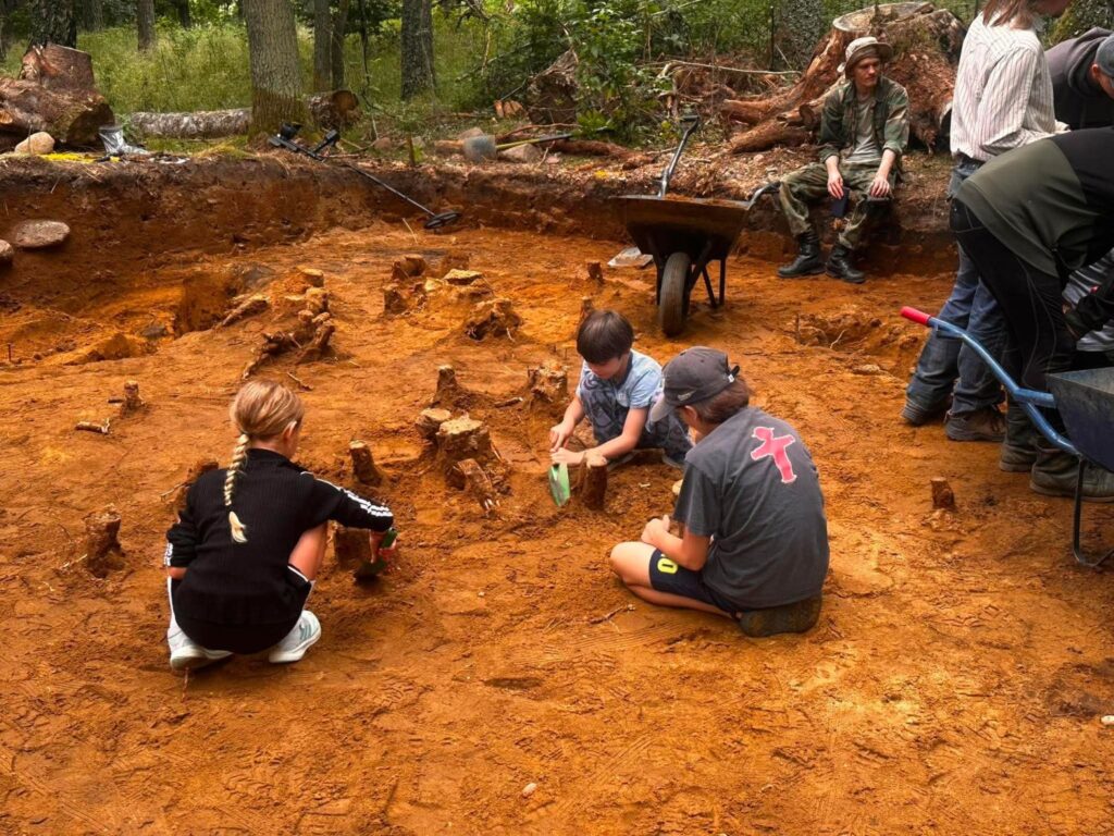 Szeroki widok na wykop archeologiczny, w którym kilka osób jednocześnie prowadzi prace badawcze. Widoczne są odsłonięte relikty dawnych konstrukcji i narzędzia archeologiczne (kliknięcie powiększy zdjęcie).
