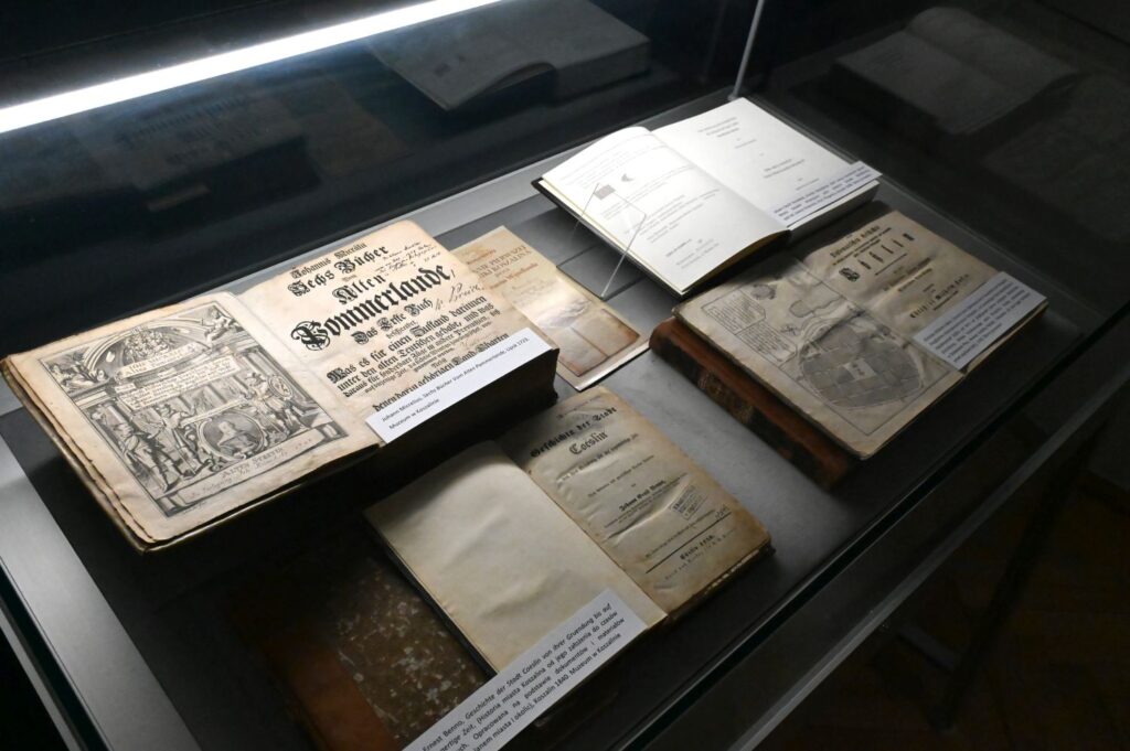 Gablota z dawnymi drukami, księgami i dokumentami prezentującymi historię miasta oraz jego mieszkańców wraz z opisami wyjaśniającymi ich znaczenie (kliknięcie powiększy zdjęcie).