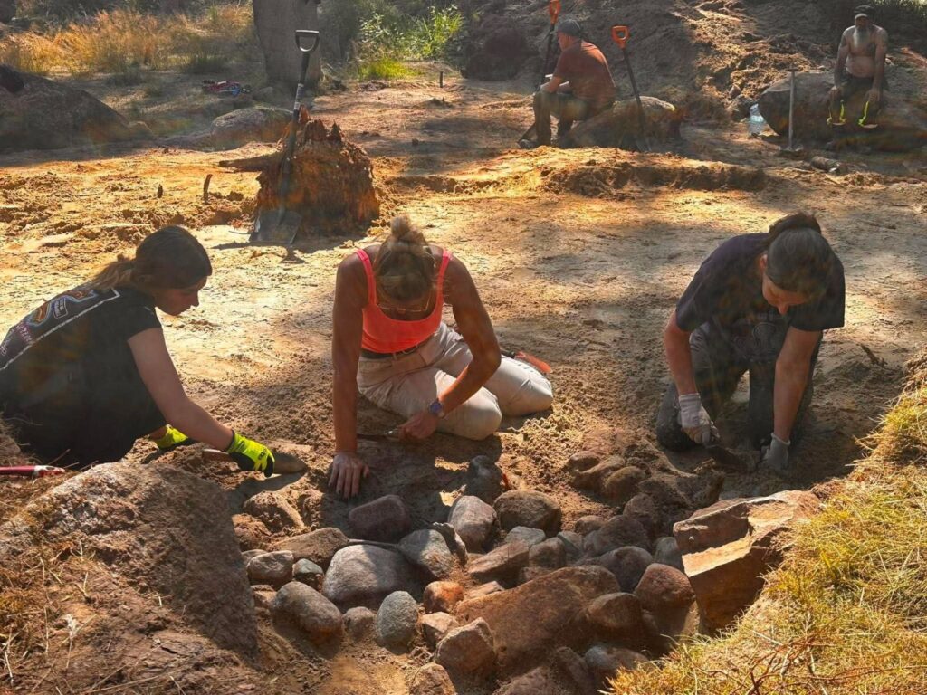 Trzy osoby ręcznie odsłaniają i układają kamienie w obrębie wykopu archeologicznego; w tle widoczne są kolejne miejsca prowadzonych prac (kliknięcie powiększy zdjęcie).