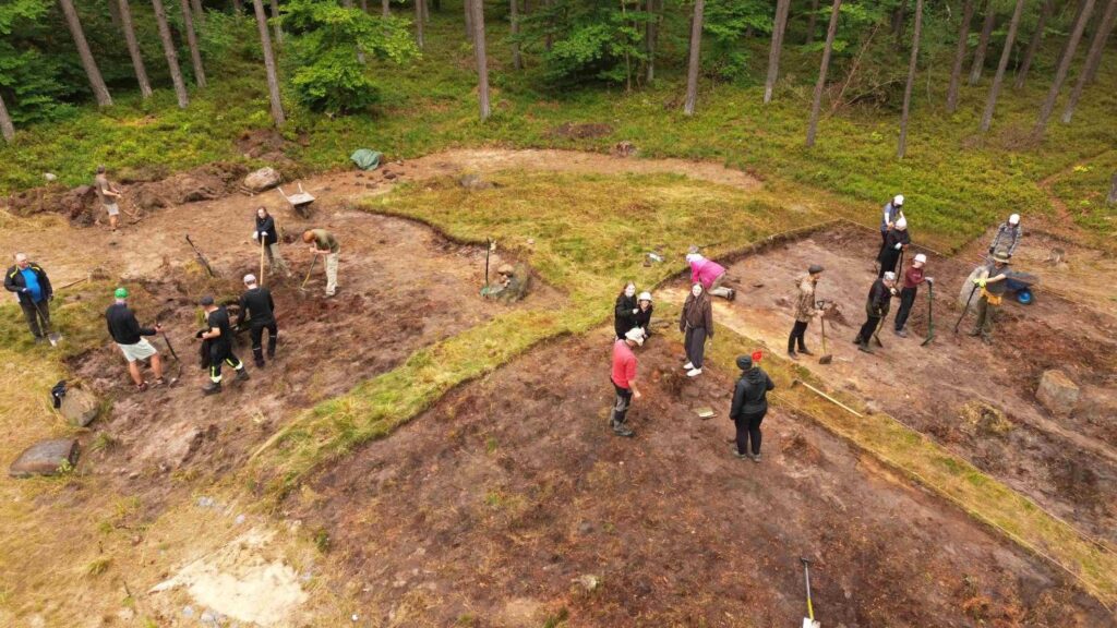 Archeolodzy prowadzą prace w kilku połączonych wykopach na leśnej polanie; osoby w kolorowych ubraniach rozkopują i oczyszczają teren, a wyraźnie oddzielone pasy ziemi i roślinności wyznaczają granice poszczególnych części stanowiska (kliknięcie powiększy zdjęcie).
