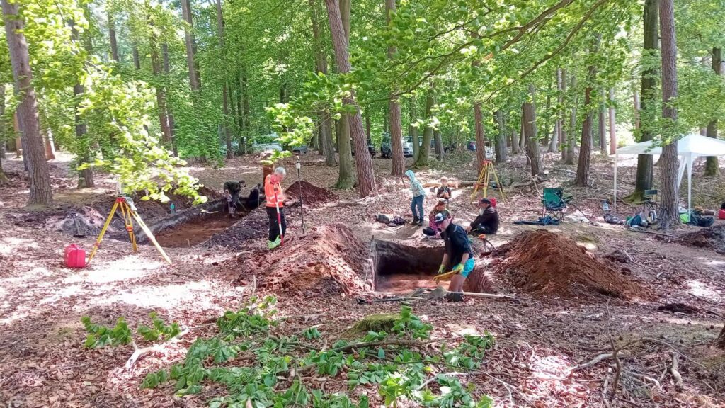 Archeolodzy prowadzą prace wykopaliskowe na leśnej polanie; kilka osób pracuje w głębokich wykopach i przerzuca ziemię, obok widoczne są hałdy piasku, narzędzia pomiarowe na żółtych statywach oraz sprzęt roboczy, teren otaczają wysokie drzewa (kliknięcie powiększy zdjęcie).